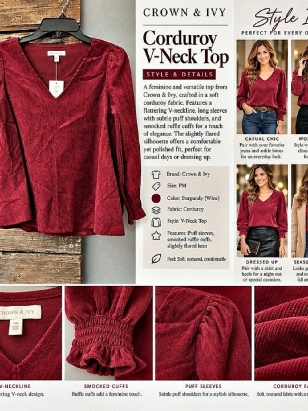 Crown & Ivy Corduroy V-Neck Top Burgundy Petite Medium NWT